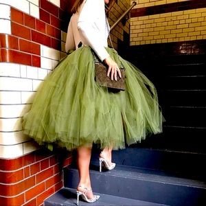 Army Green Tulle Tutu Skirt For Women Knee Length Elastic Waist Midi Vintage